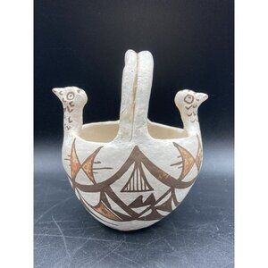Acoma Pottery Basket Bird Heads Hearts Geometric Polychrome READ